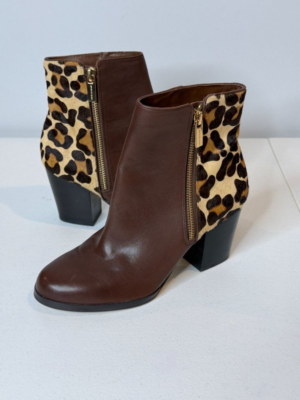 Michael Kors Brown Leather Leopard Calf Hair Ankle Boots 6.5